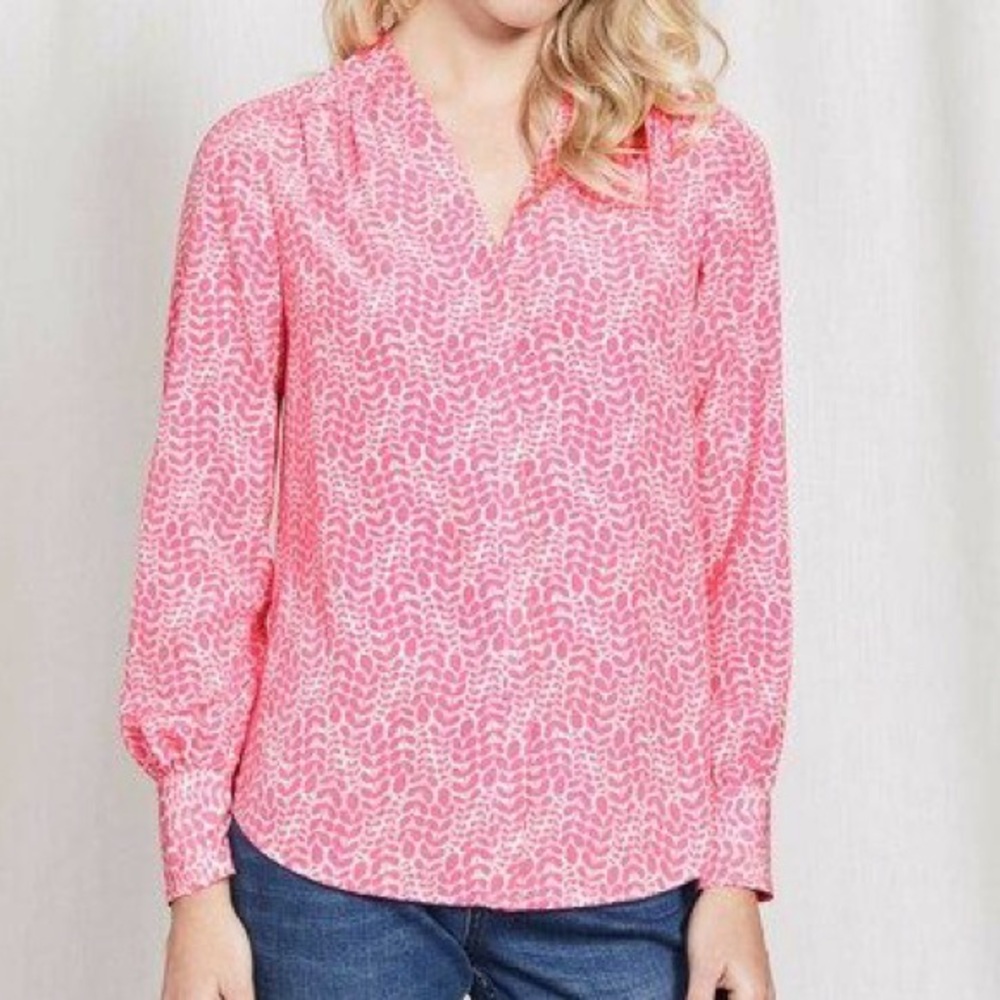 Boden Olive Floral Vine Leaf Print Popover Blouse Pink/White Size 2